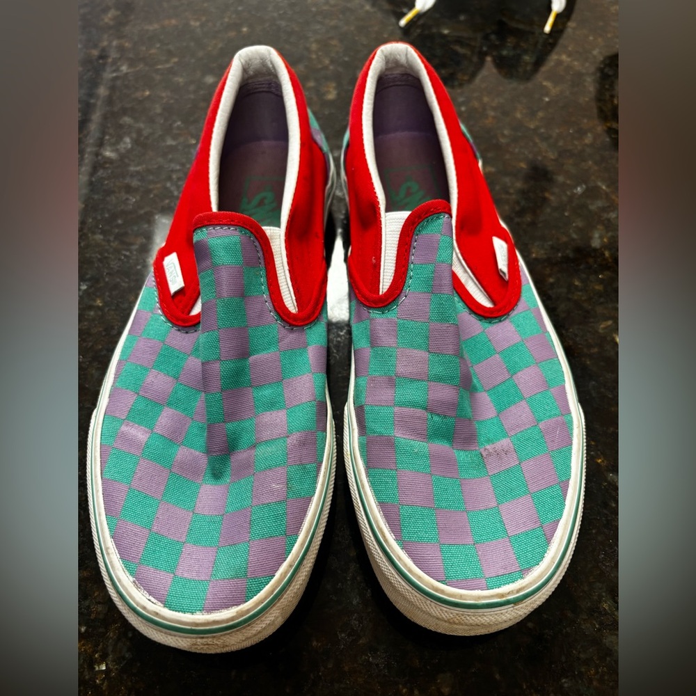 Vans Red and Purple Checkered Slip-On Sneakers